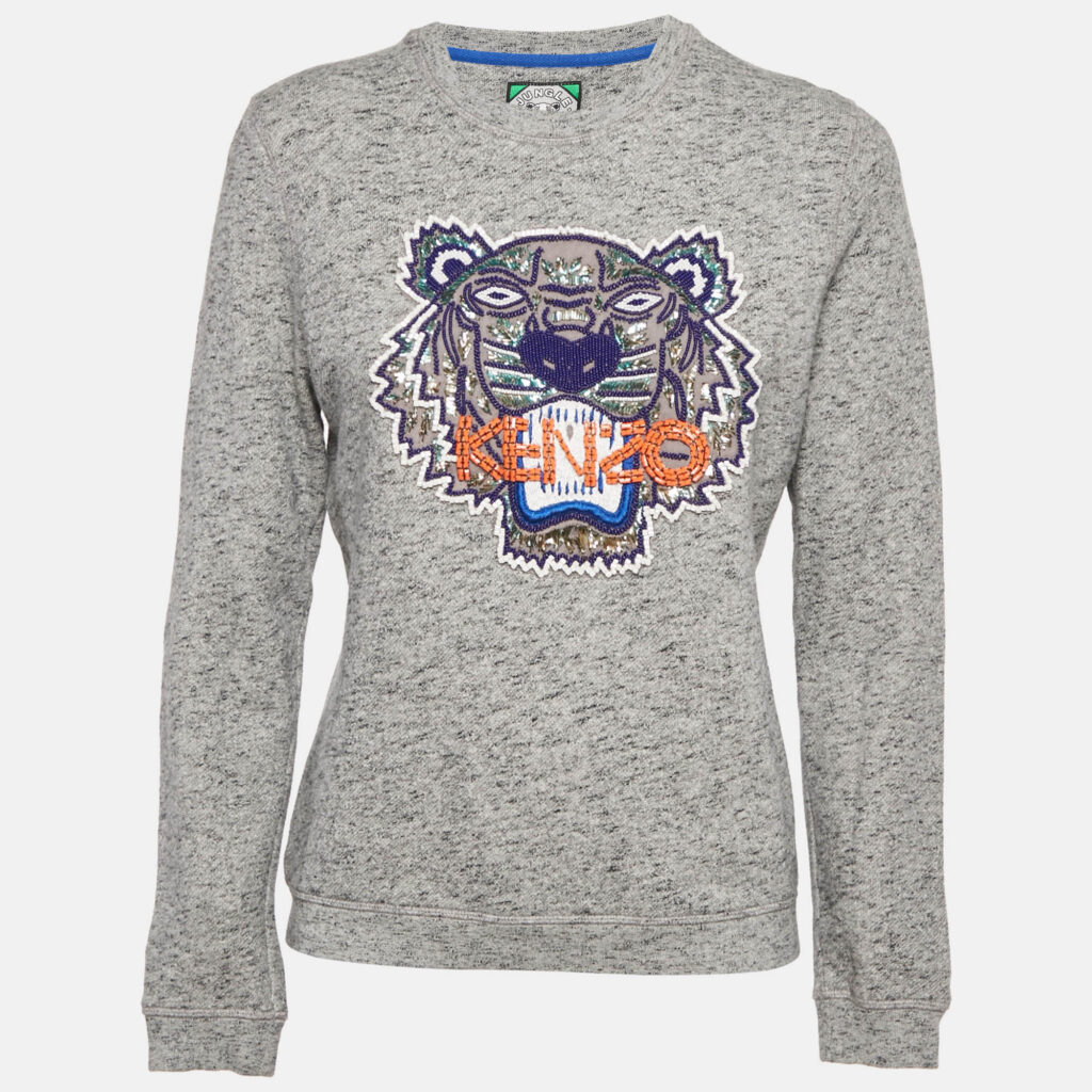Kenzo Grey Tiger Embellished Cotton Crew Neck Sweatshirt M Kenzo Grey Tiger Embellished Cotton Crew Neck Sweatshirt M