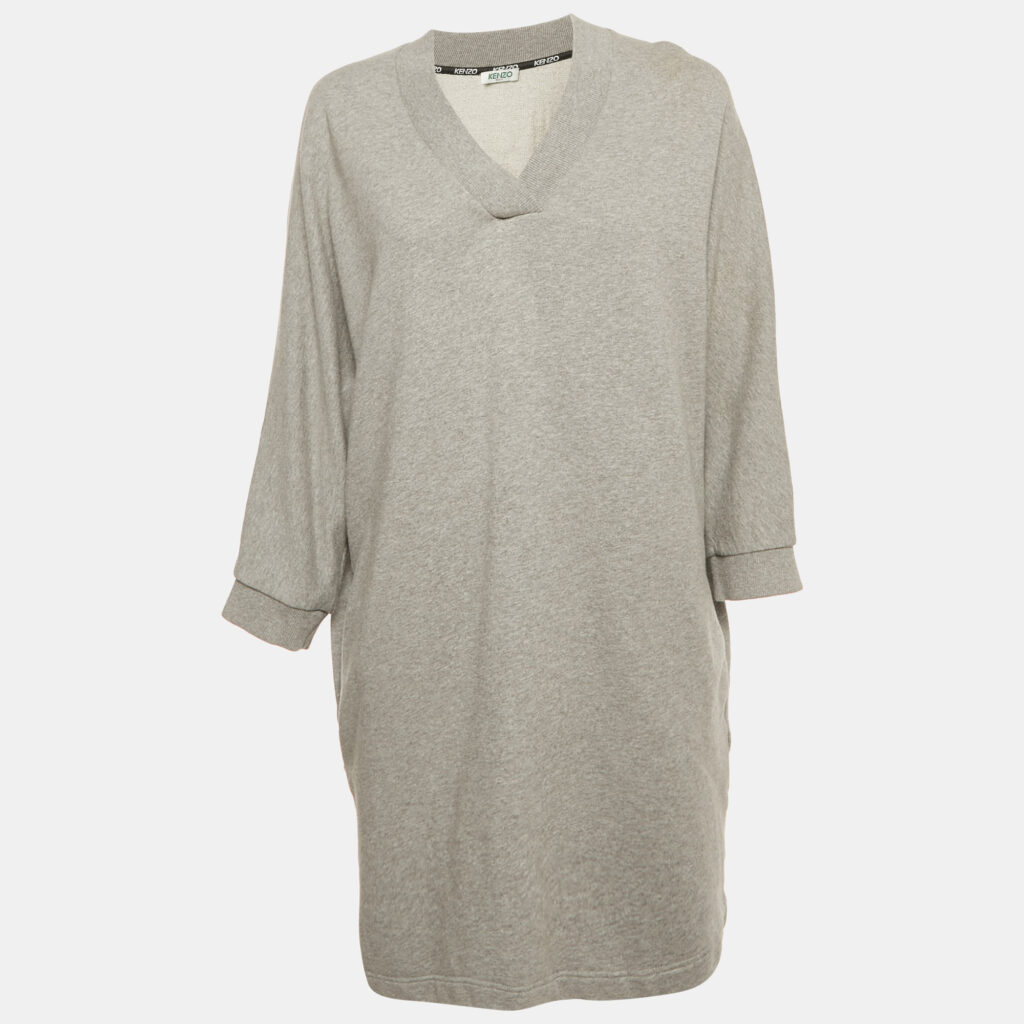 Kenzo Grey Cotton Knit V-Neck Sweatshirt Dress L Kenzo Grey Cotton Knit V-Neck Sweatshirt Dress L