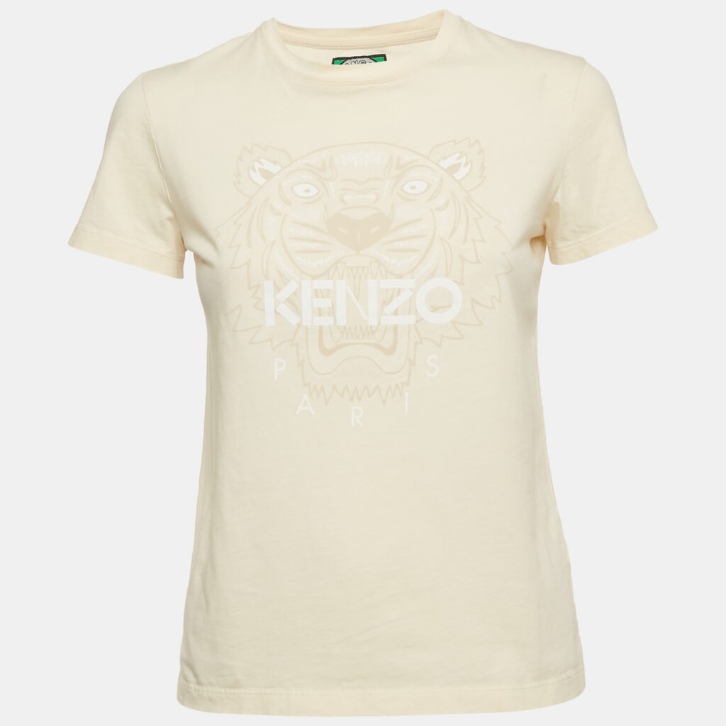 Kenzo Cream Flock Tiger Print Cotton Crewneck T-shirt S Kenzo Cream Flock Tiger Print Cotton Crewneck T-shirt S