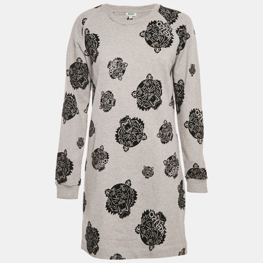 Kenzo Grey Flocked Triger Print Knit Mini Sweater Dress S