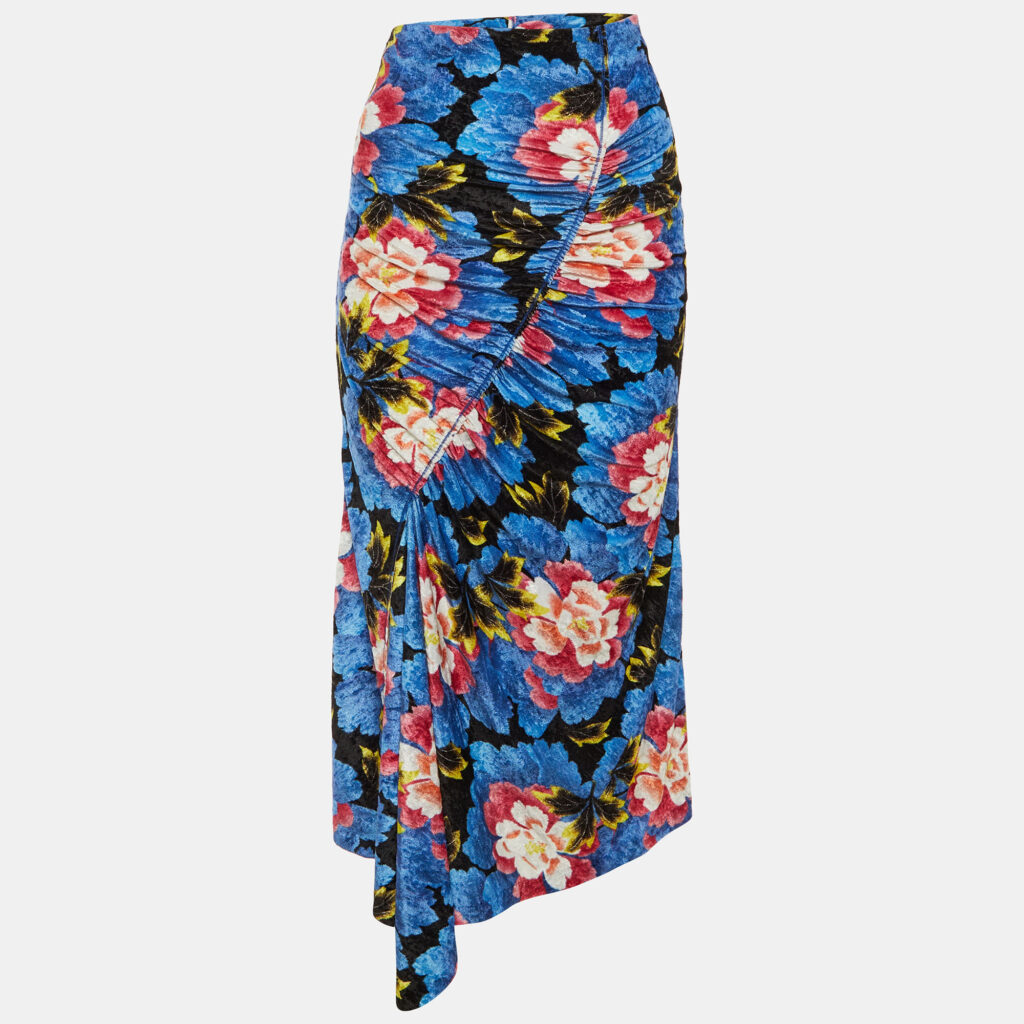Kenzo Blue Floral Printed Velvet Ruched Midi Skirt M Kenzo Blue Floral Printed Velvet Ruched Midi Skirt M