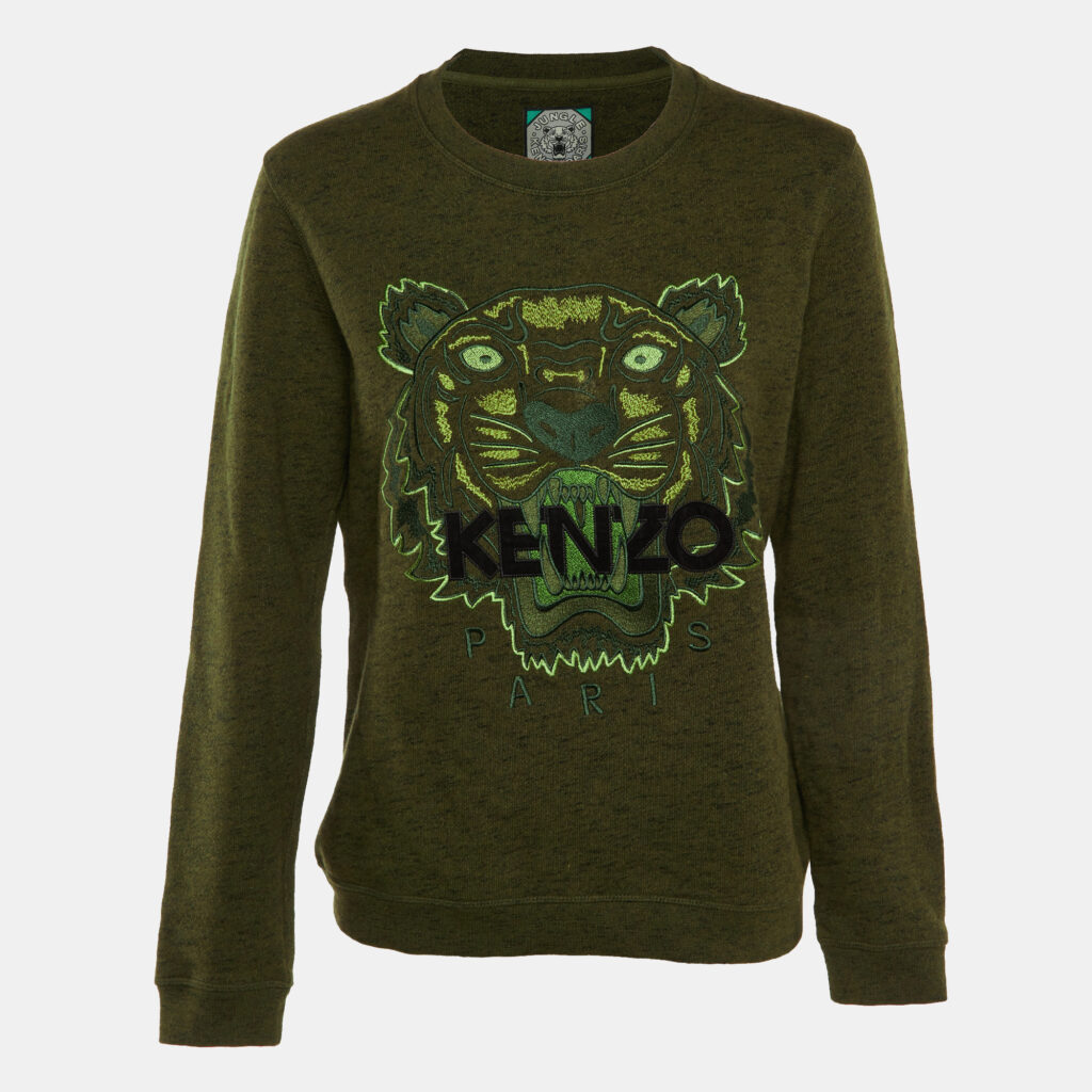 Kenzo Green Melange Cotton Tiger Embroidered Sweatshirt L