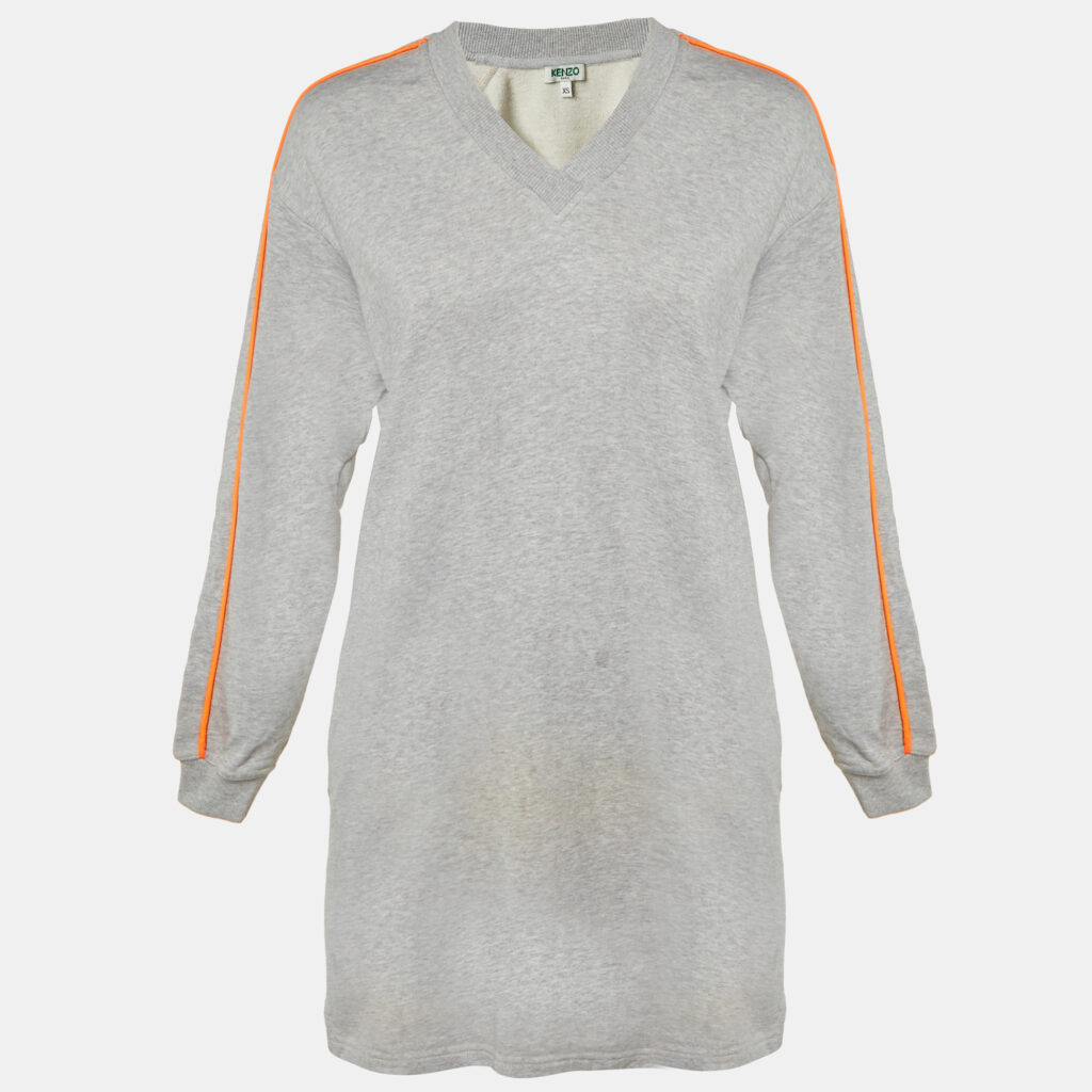 Kenzo Grey Cotton Jersey V-Neck Sweatshirt Dress XS