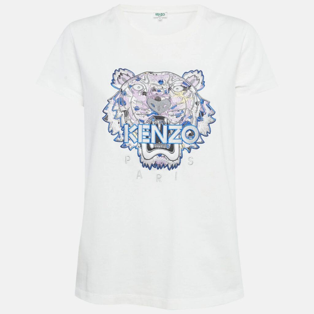Kenzo White Tiger Embroidered Cotton T-Shirt S