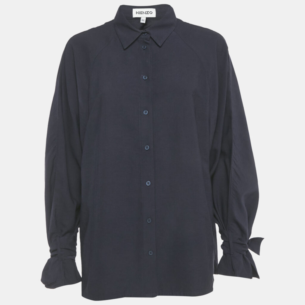 Kenzo Navy Blue Crepe Ruffled Sleeve Loose Fit Shirt XL Kenzo Navy Blue Crepe Ruffled Sleeve Loose Fit Shirt XL