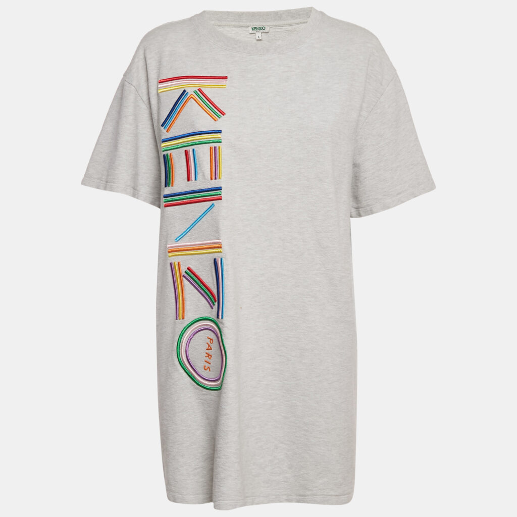Kenzo Grey Logo Embroidered Cotton Knit Mini Dress L