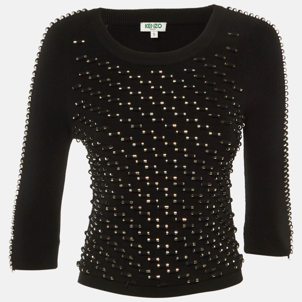 Kenzo Black Knit Studded Long Sleeve Top S