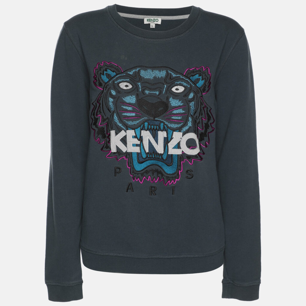 Kenzo Teal Blue Tiger & Logo Embroidered Knit Sweatshirt L Kenzo Teal Blue Tiger & Logo Embroidered Knit Sweatshirt L