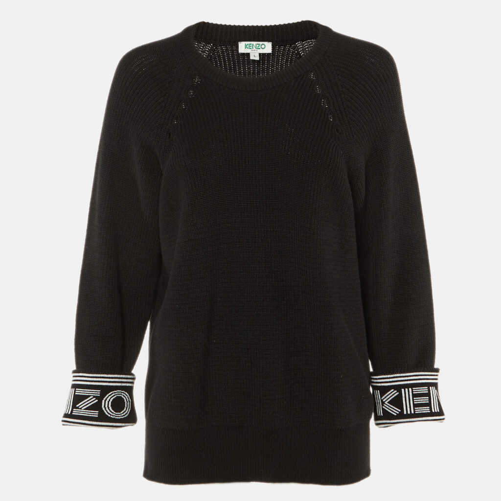 Kenzo Black Logo Intarsia Cotton & Wool Knit Crew Neck Sweater L Kenzo Black Logo Intarsia Cotton & Wool Knit Crew Neck Sweater L