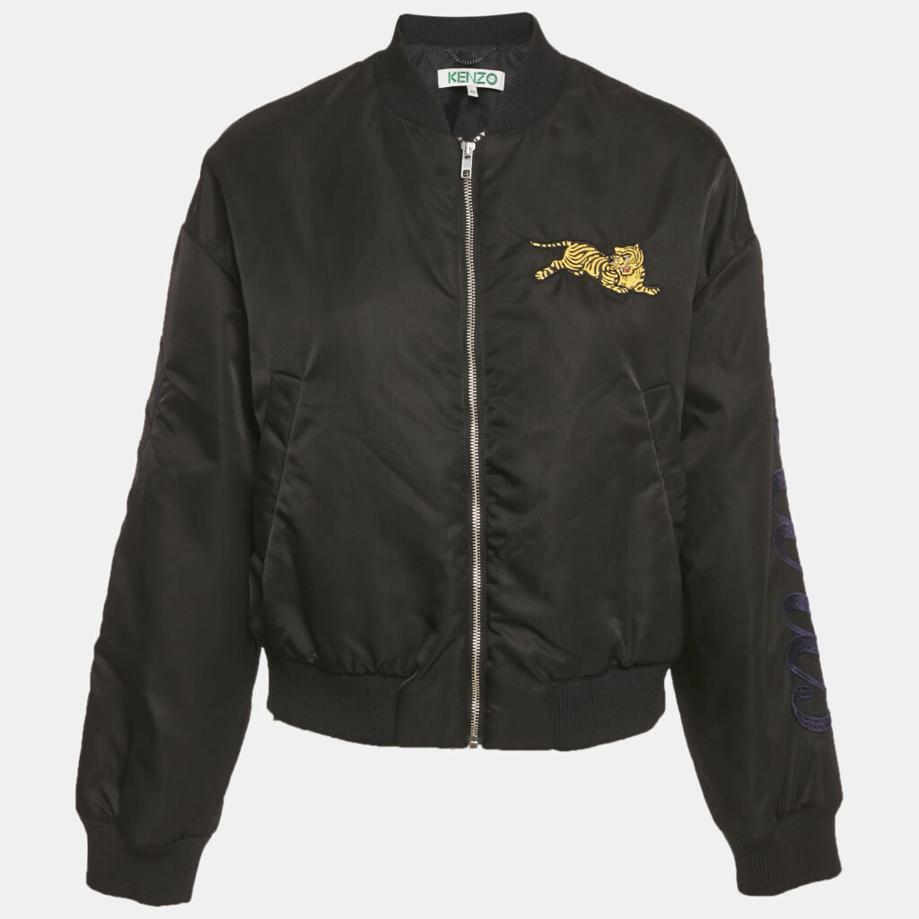 Kenzo Black Jumping Tiger Applique Synthetic Bomber Jacket M