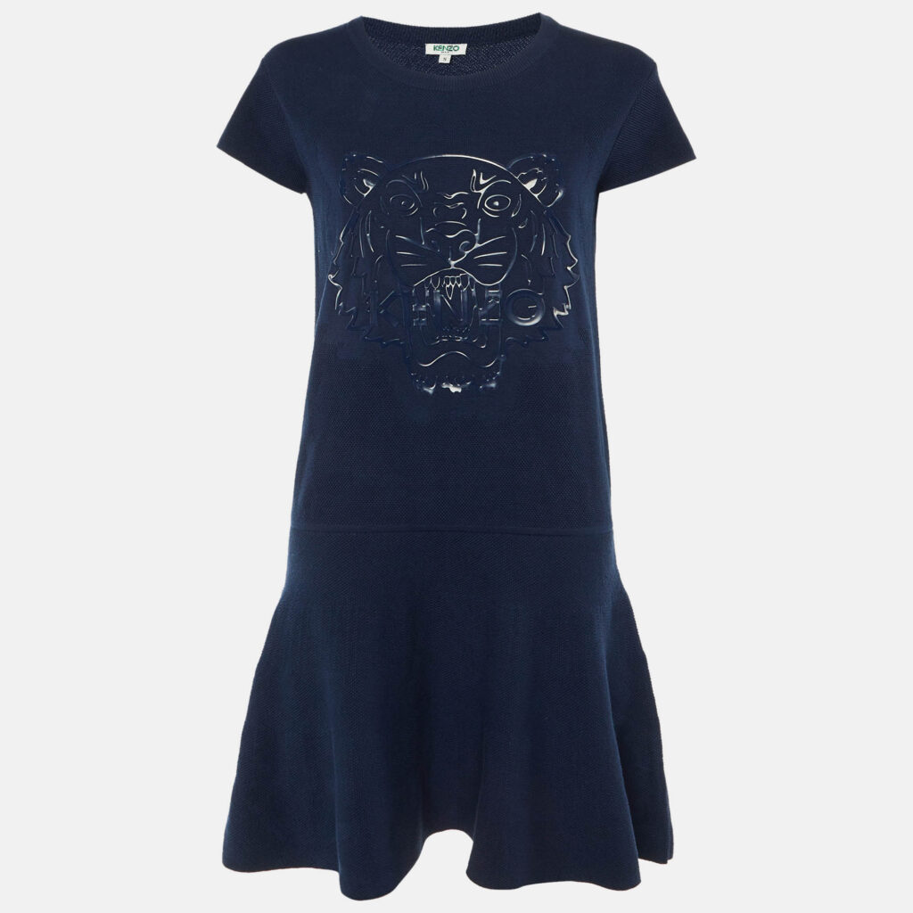 luxury-women-kenzo-used-clothes-p1241182-001-1.jpg Kenzo Navy Blue Cotton Knit Tiger Head Applique Short Dress S