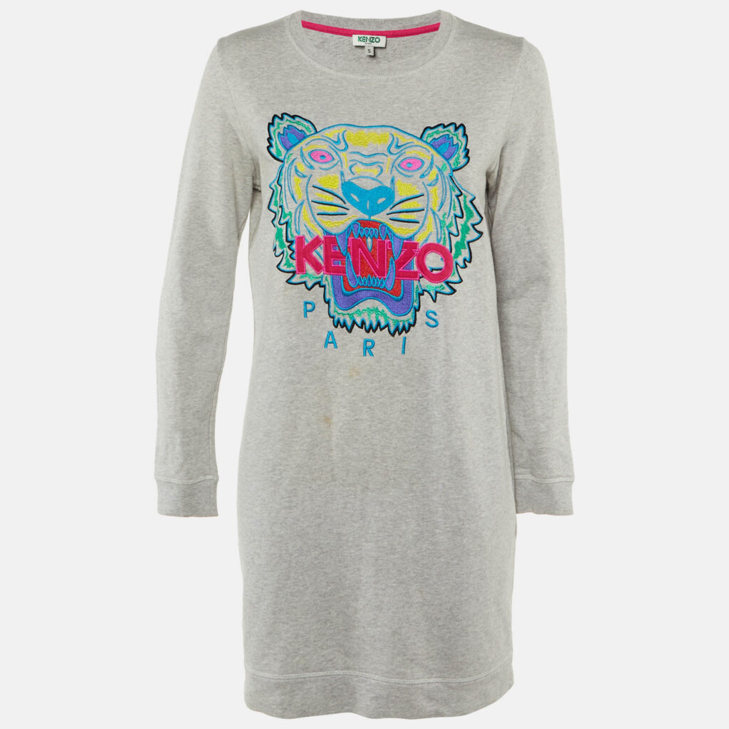 Kenzo Grey Tiger Head Embroidered Cotton Sweatshirt Mini Dress S Kenzo Grey Tiger Head Embroidered Cotton Sweatshirt Mini Dress S