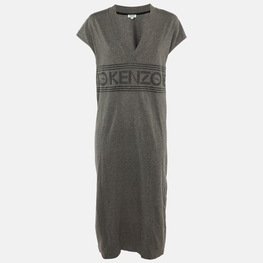 luxury-women-kenzo-used-clothes-p1241238-002-1.jpg Kenzo Grey Cotton Logo Applique T-Shirt Midi Dress S