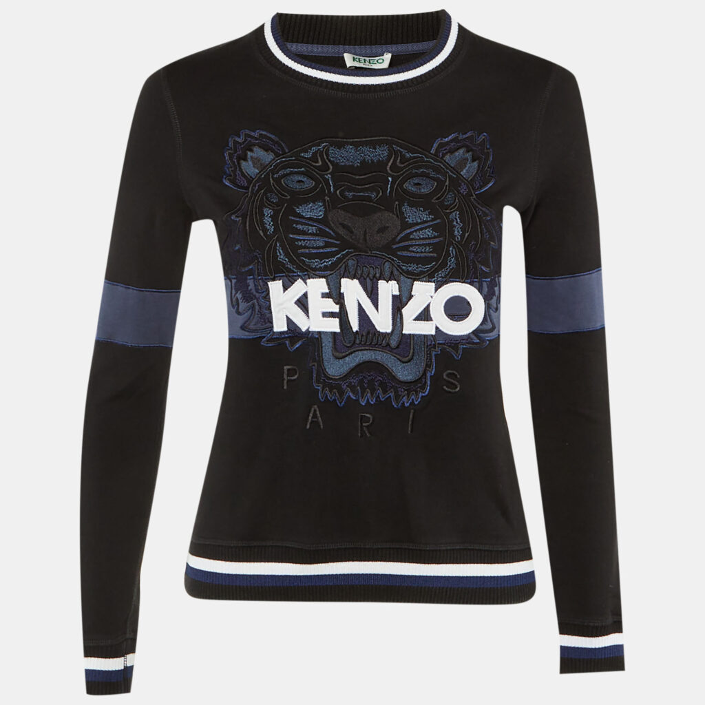 Kenzo Black Tiger Embroidered Cotton Crew Neck Sweatshirt S Kenzo Black Tiger Embroidered Cotton Crew Neck Sweatshirt S