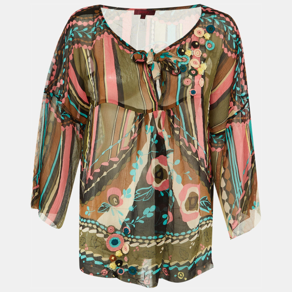 Kenzo Multicolor Printed Silk Applique Detail Top L Kenzo Multicolor Printed Silk Applique Detail Top L