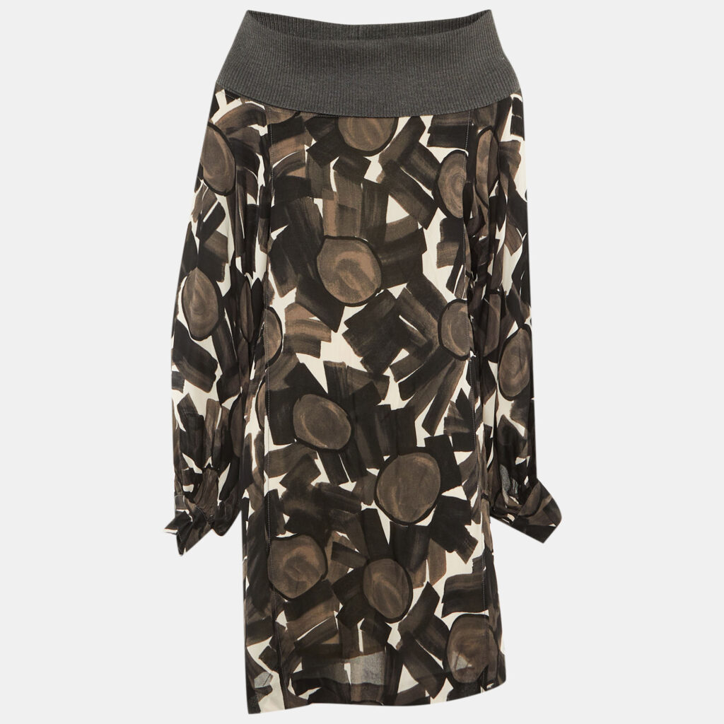 Kenzo Brown /Black Printed Crepe High Neck Mini Dress M