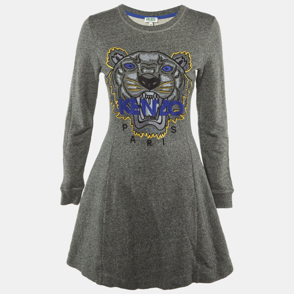 Kenzo Grey Tiger Embroidered Cotton Sweater Dress M Kenzo Grey Tiger Embroidered Cotton Sweater Dress M