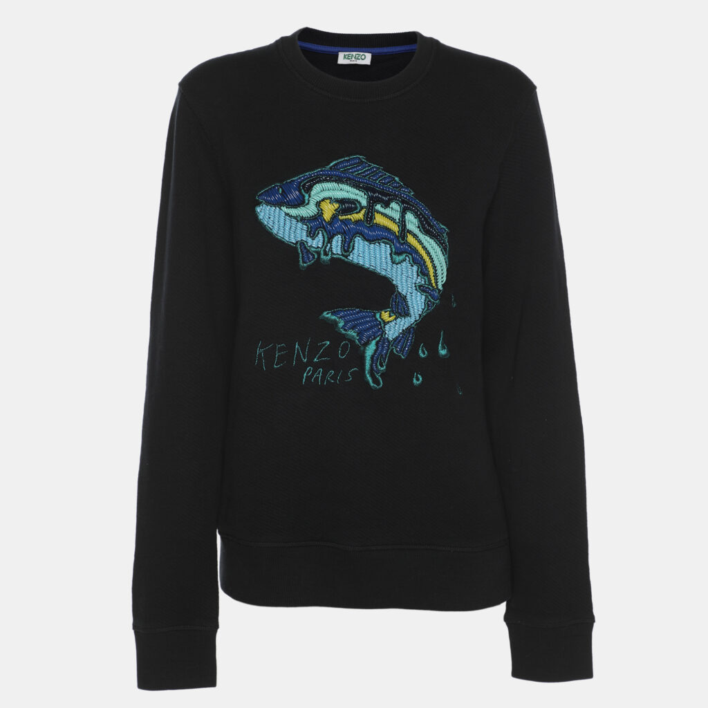 Kenzo Dark Navy Fish Embroidered Jersey Sweater S