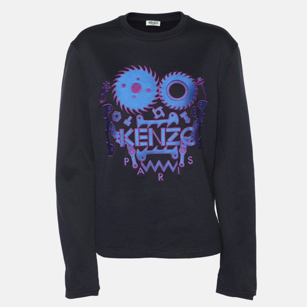 Kenzo Navy Blue Nylon Knit Logo Embroidered Sweatshirt S Kenzo Navy Blue Nylon Knit Logo Embroidered Sweatshirt S