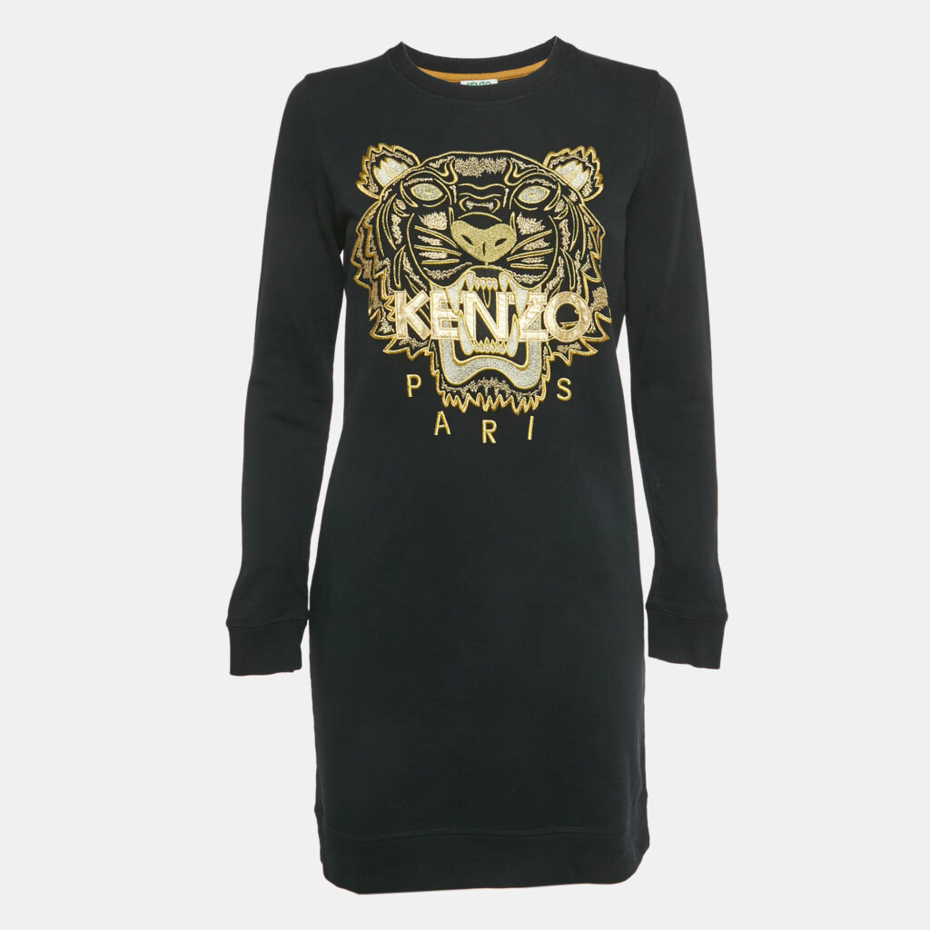 Kenzo Black Tiger Embroidered Cotton Mini Dress S