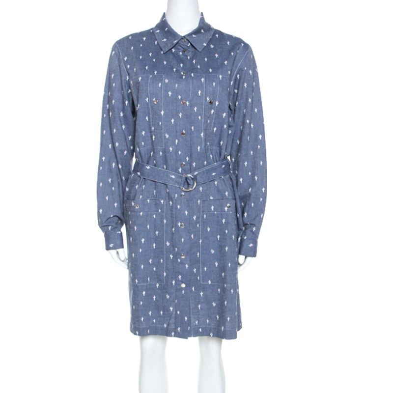 Kenzo Blue Denim Cactus Print Belted Shirt Dress L Kenzo Blue Denim Cactus Print Belted Shirt Dress L