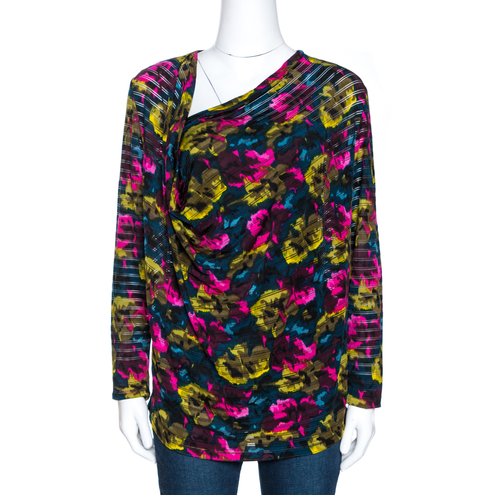 Kenzo Multicolor Printed Silk Asymmetric Draped Neck Top XL Kenzo Multicolor Printed Silk Asymmetric Draped Neck Top XL