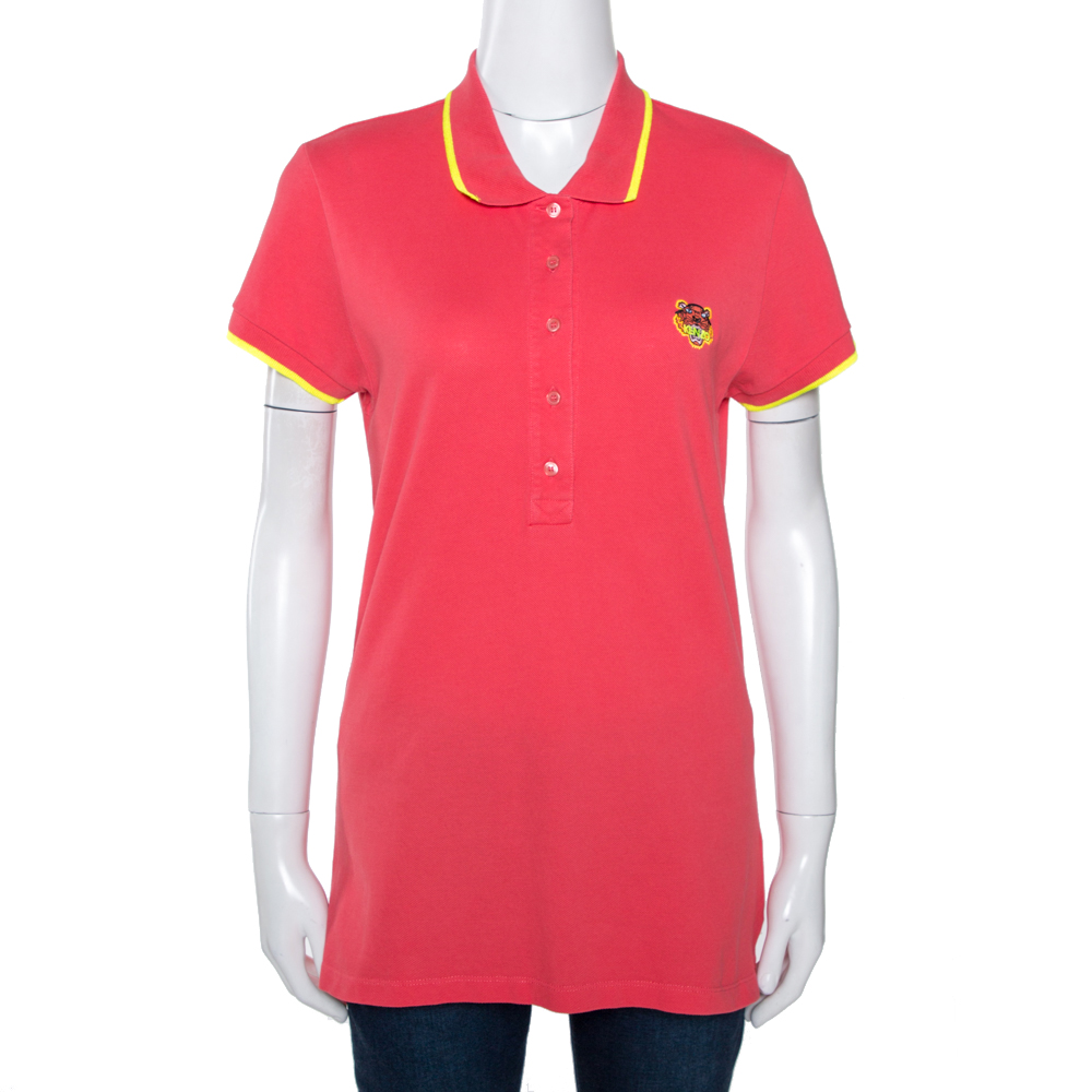 Kenzo Coral Pink Cotton Pique Tiger Embroidered Polo T-Shirt M Kenzo Coral Pink Cotton Pique Tiger Embroidered Polo T-Shirt M