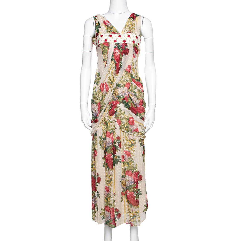 Kenzo Beige Polka Textured Floral Print Silk Draped Maxi Dress S Kenzo Beige Polka Textured Floral Print Silk Draped Maxi Dress S