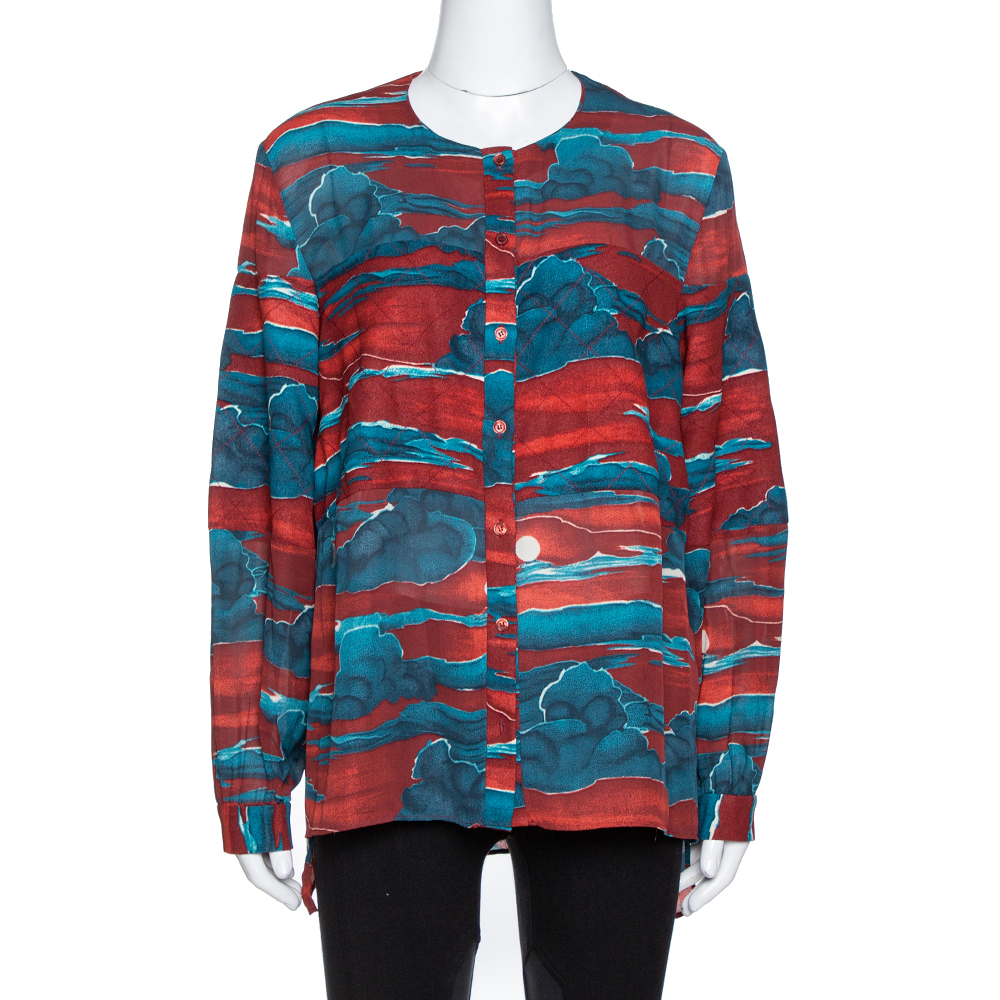 Kenzo Maroon Cloud Print Chiffon Long Sleeve Blouse L Kenzo Maroon Cloud Print Chiffon Long Sleeve Blouse L