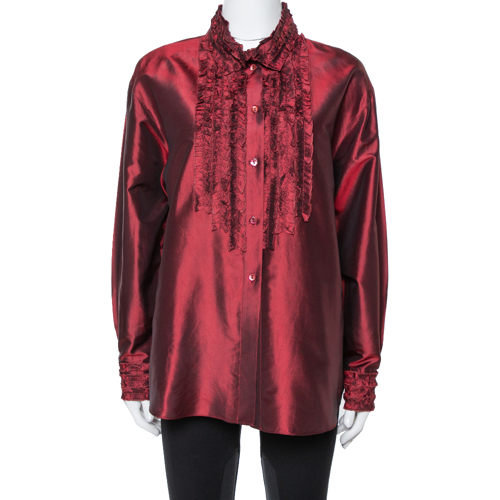 Kenzo Maroon Silk Ruffled Detail Long Sleeve Blouse M Kenzo Maroon Silk Ruffled Detail Long Sleeve Blouse M