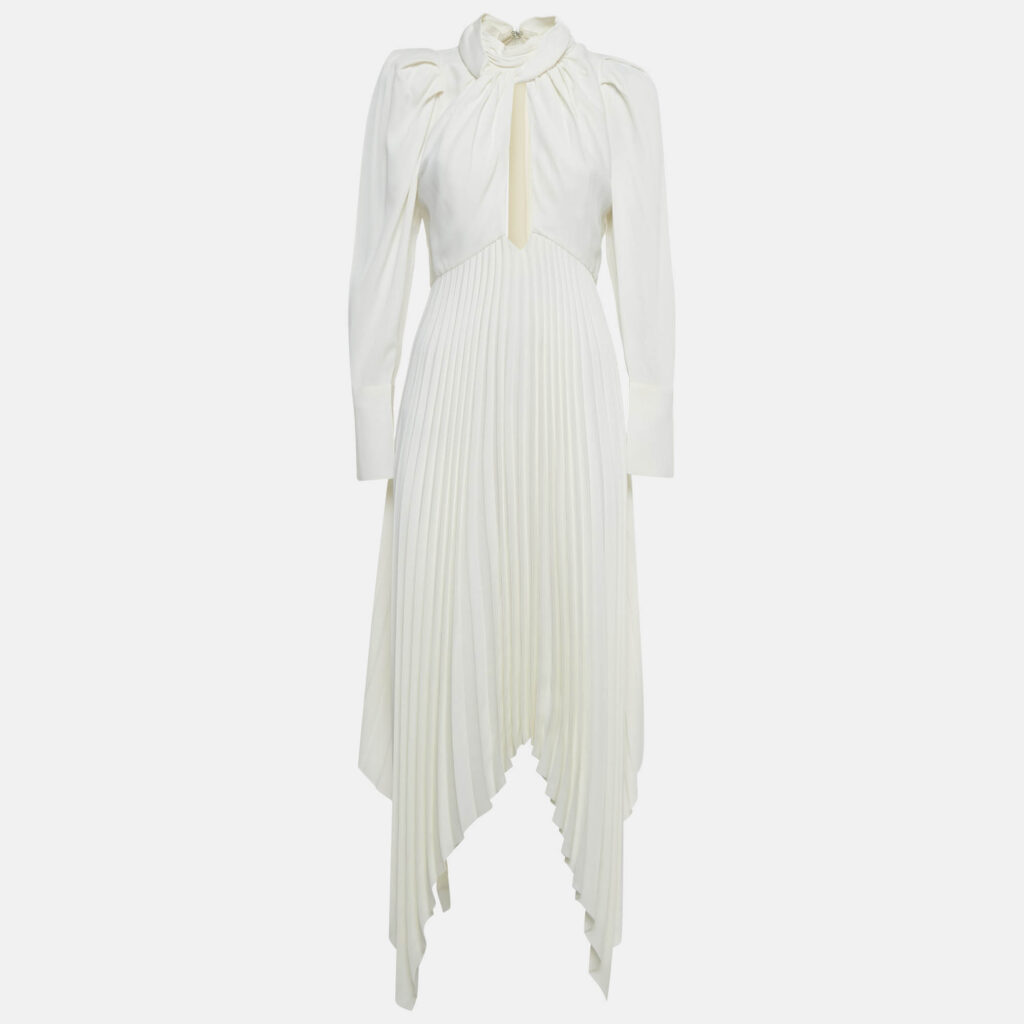 Khaite Ivory Plisse Satin Asymmetric Maxi Dress M