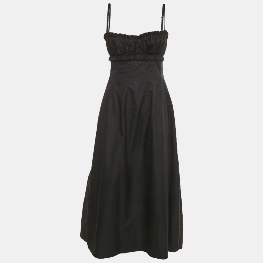 Khaite Black Cotton Raw Edge Shirring Midi Dress S