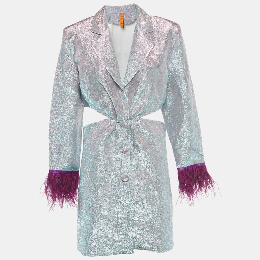 Koh Sui Metallic Lurex Button Front Feather Detail Cut-Out Mini Dress M Koh Sui Metallic Lurex Button Front Feather Detail Cut-Out Mini Dress M