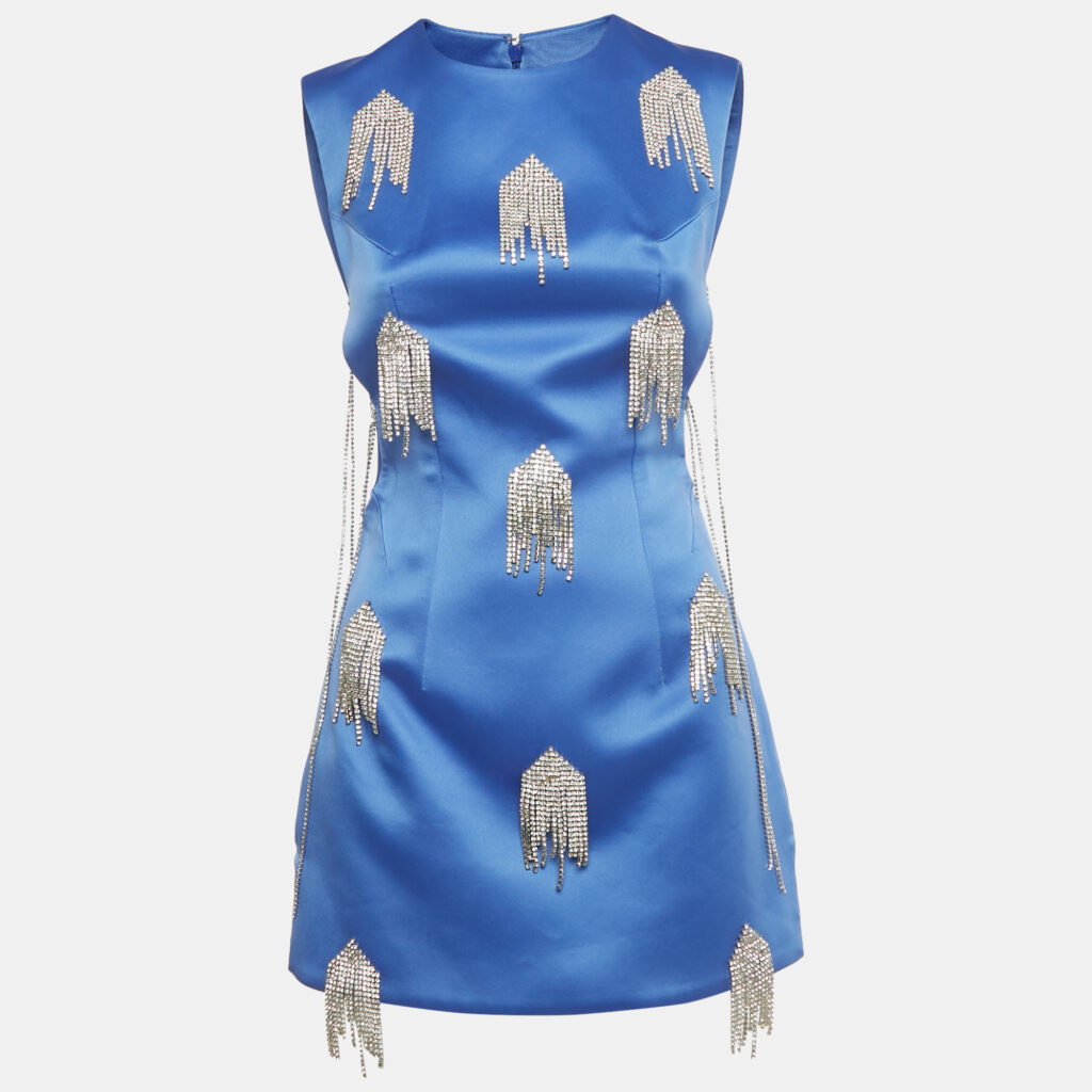 Kourh Electric Blue Crystal Embellished Satin Mini Dress S Kourh Electric Blue Crystal Embellished Satin Mini Dress S