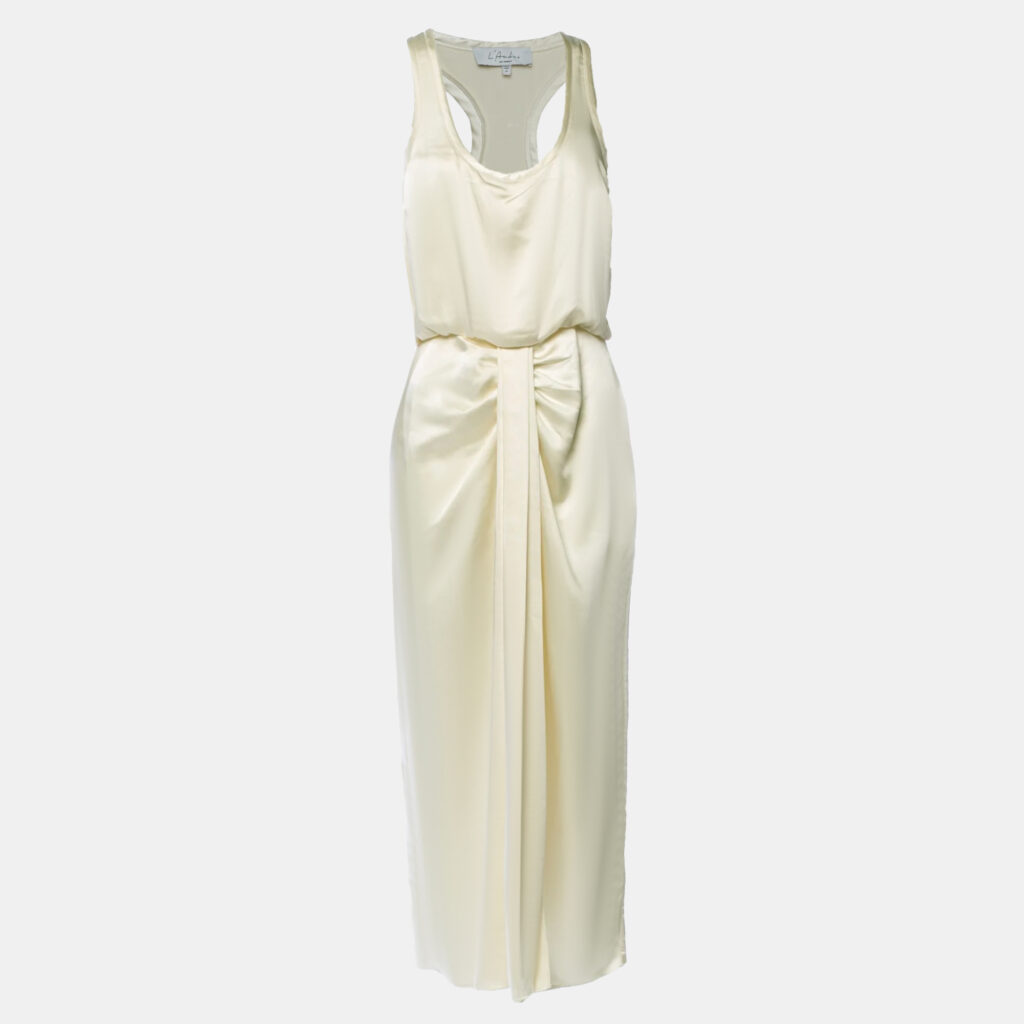 L'Academie Cream Satin Drape Detail Sleeveless Midi Dress XS L'Academie Cream Satin Drape Detail Sleeveless Midi Dress XS