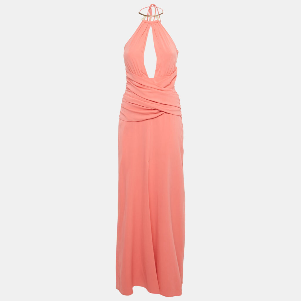 La Perla Pink Silk Halter Neck Draped Maxi Dress M La Perla Pink Silk Halter Neck Draped Maxi Dress M
