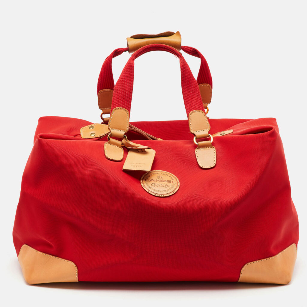 Lancel Red/Tan Canvas and Leather Trim Weekend Duffel Bag Lancel Red/Tan Canvas and Leather Trim Weekend Duffel Bag