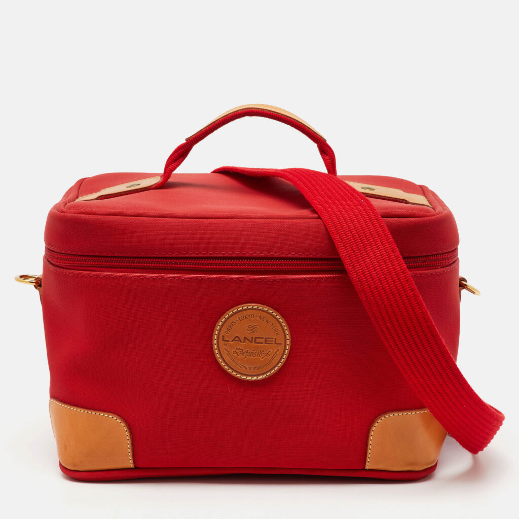 Lancel Red/Tan Canvas and Leather Trim Vanity Travel Bag Lancel Red/Tan Canvas and Leather Trim Vanity Travel Bag