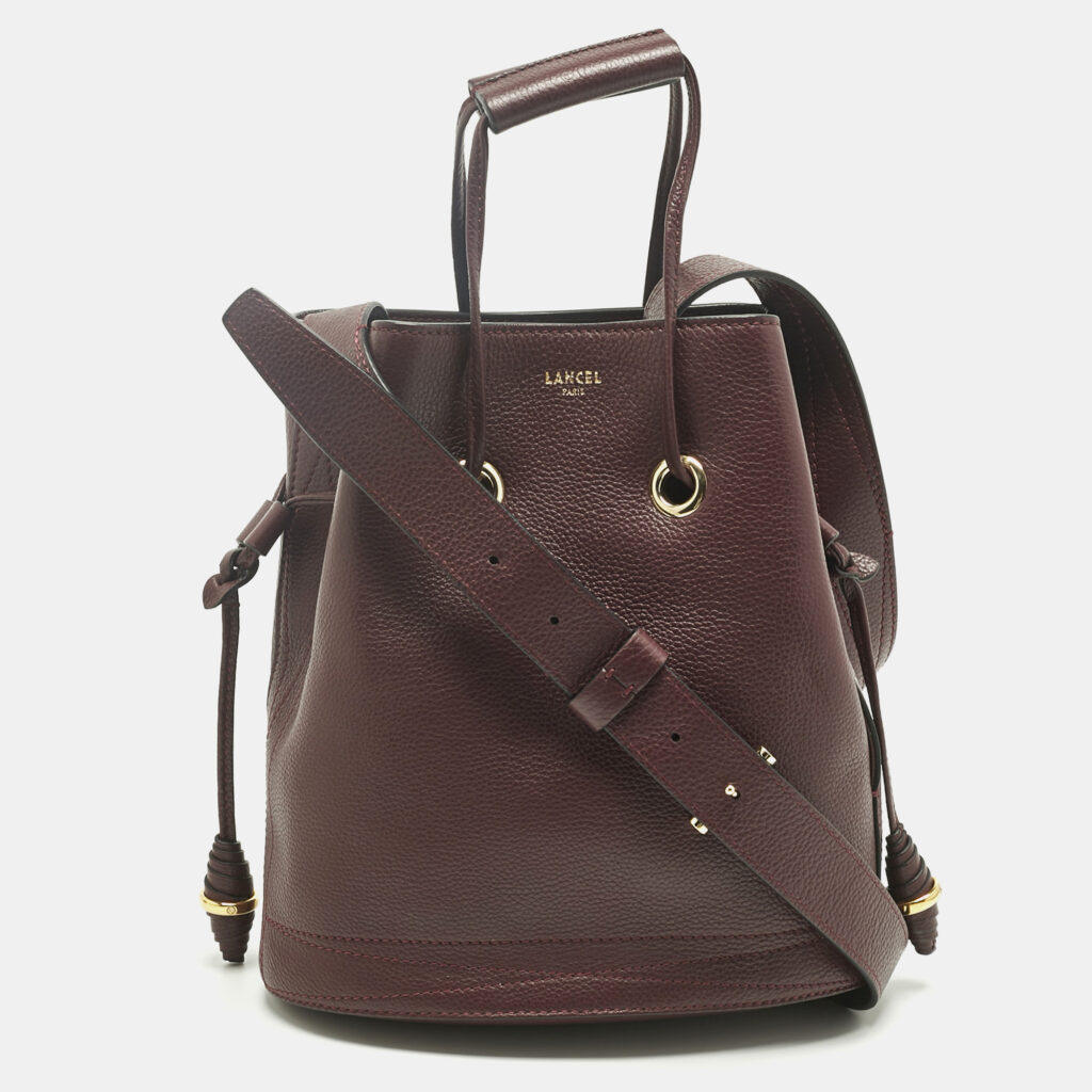 luxury-women-lancel-used-handbags-p1240824-004-1.jpg Lancel Burgundy Leather Le Huit Drawstring Bucket Bag