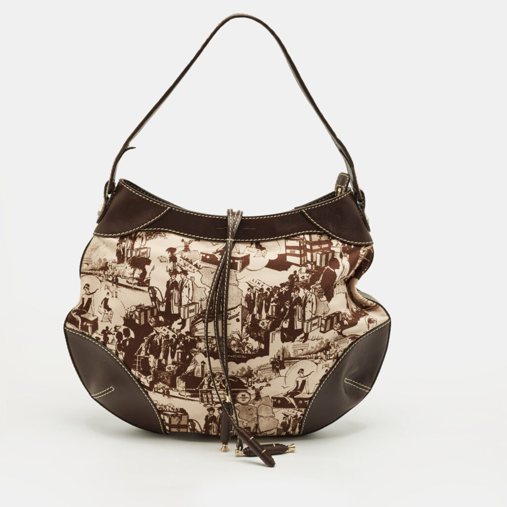 Lancel Graphic Print Dark Brown Canvas and Leather Hobo