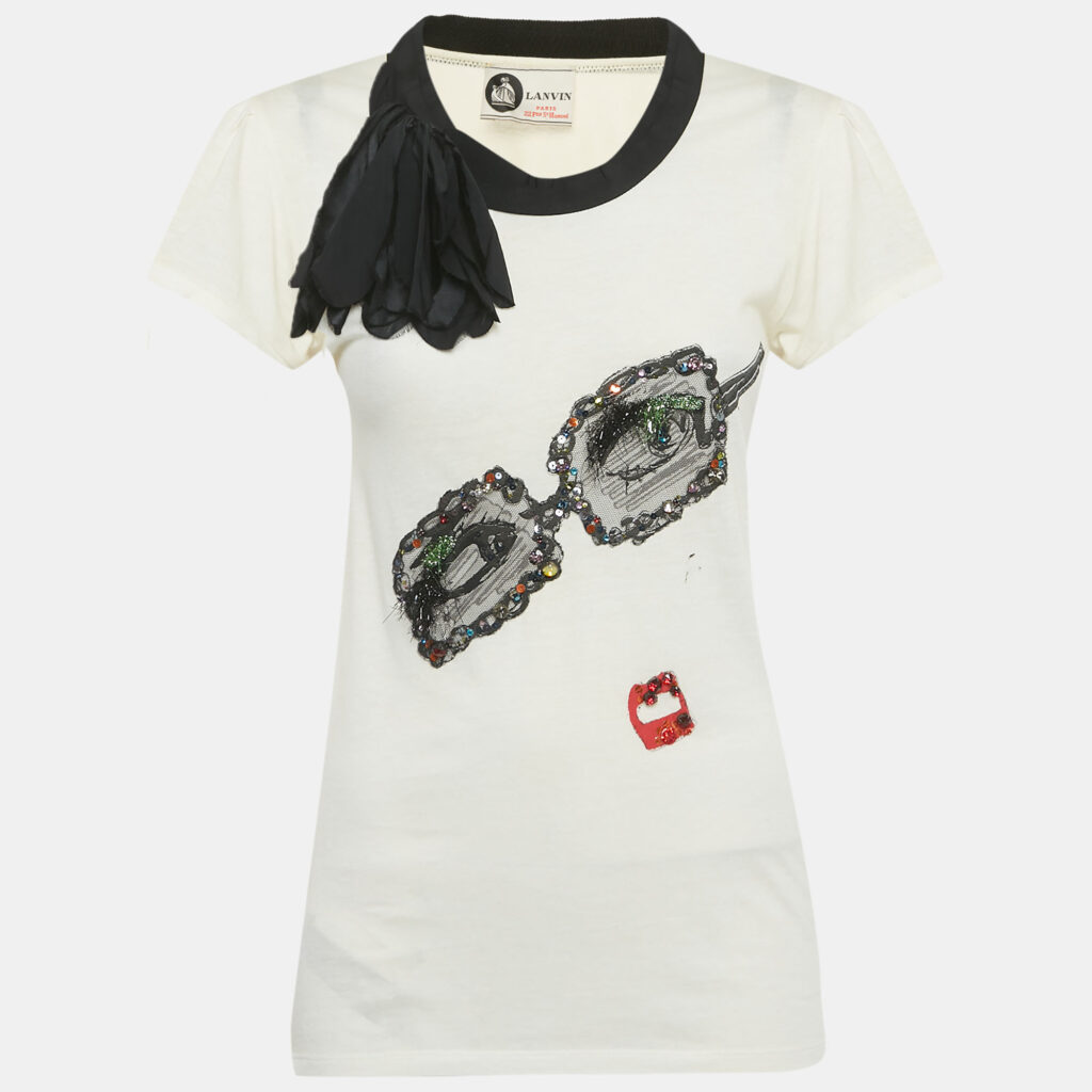 Lanvin Cream Flower Applique Embellished Cotton Blend T-shirt S Lanvin Cream Flower Applique Embellished Cotton Blend T-shirt S