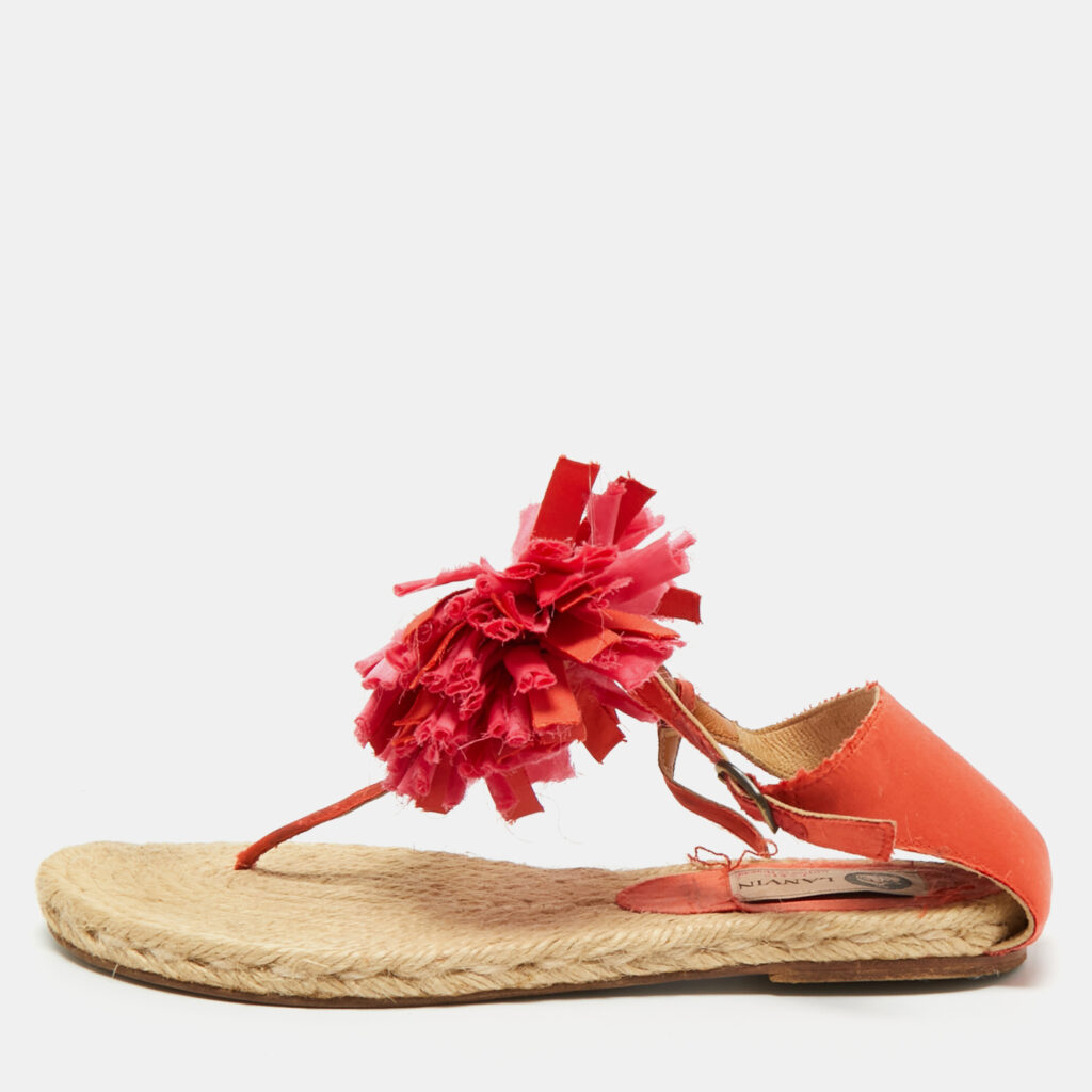 Lanvin Pink Satin Flower Bow Thong Espadrille Flat Sandals Size 39
