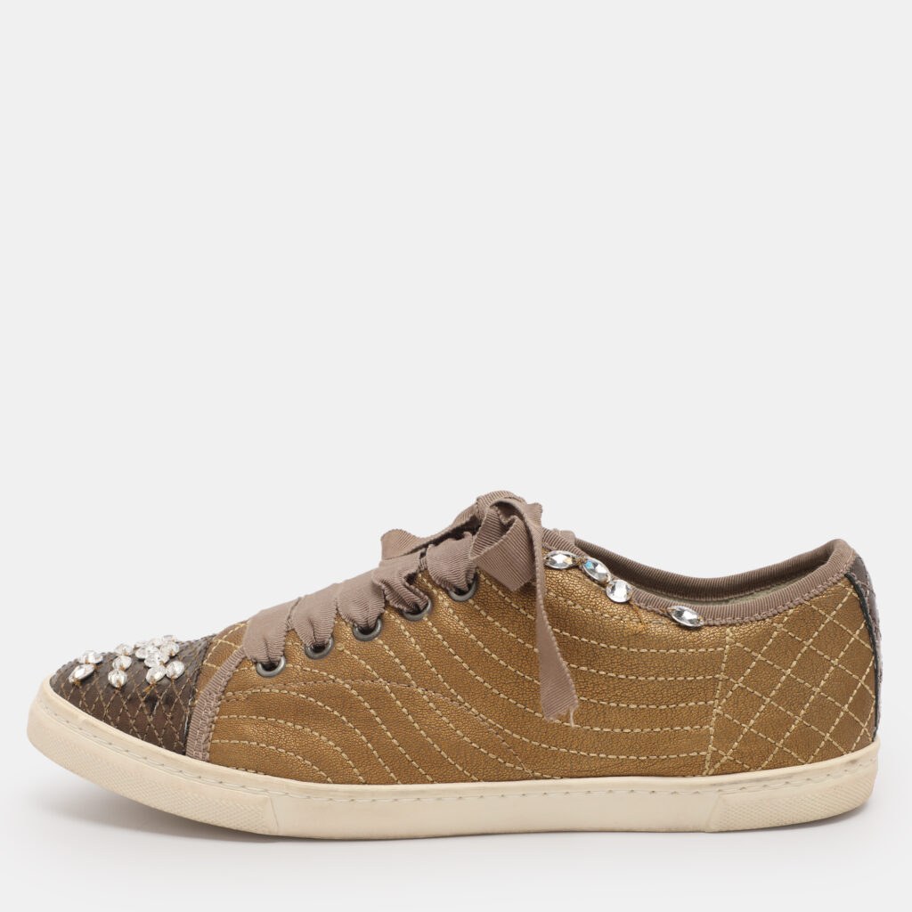 Lanvin Gold Quilted Leather Crystal Embellished Low Top Sneakers Size 40 Lanvin Gold Quilted Leather Crystal Embellished Low Top Sneakers Size 40