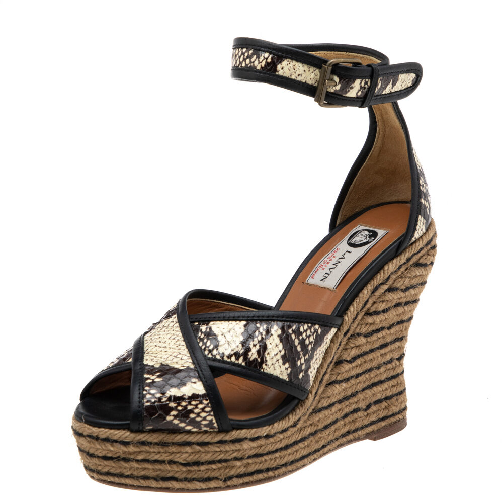 Lanvin Beige/Brown Python Embossed Leather Platform Wedge Sandals Size 37 Lanvin Beige/Brown Python Embossed Leather Platform Wedge Sandals Size 37