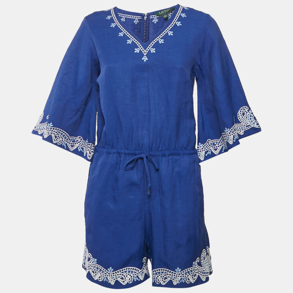 Lauren Ralph Lauren Blue Embroidered Linen Blend Playsuit S Lauren Ralph Lauren Blue Embroidered Linen Blend Playsuit S