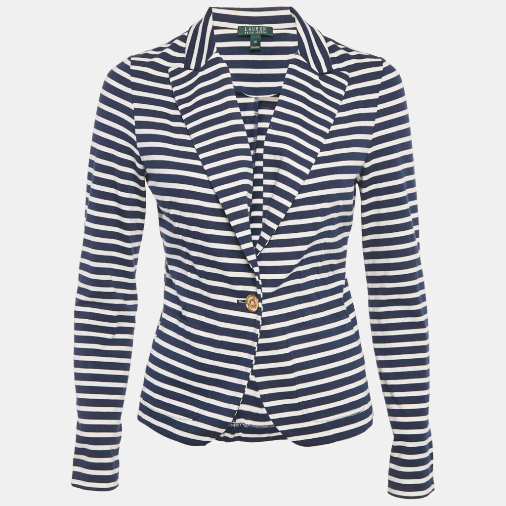 Lauren Ralph Lauren Navy Blue Stripe Cotton Knit Jacket XS