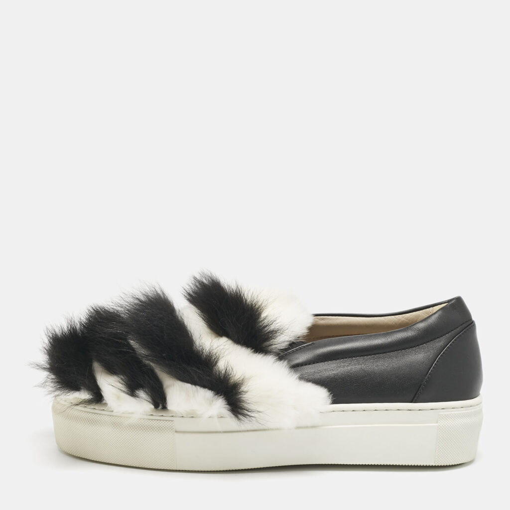 Le Silla Black/White Leather and Mink Fur Slip On Sneakers Size 40