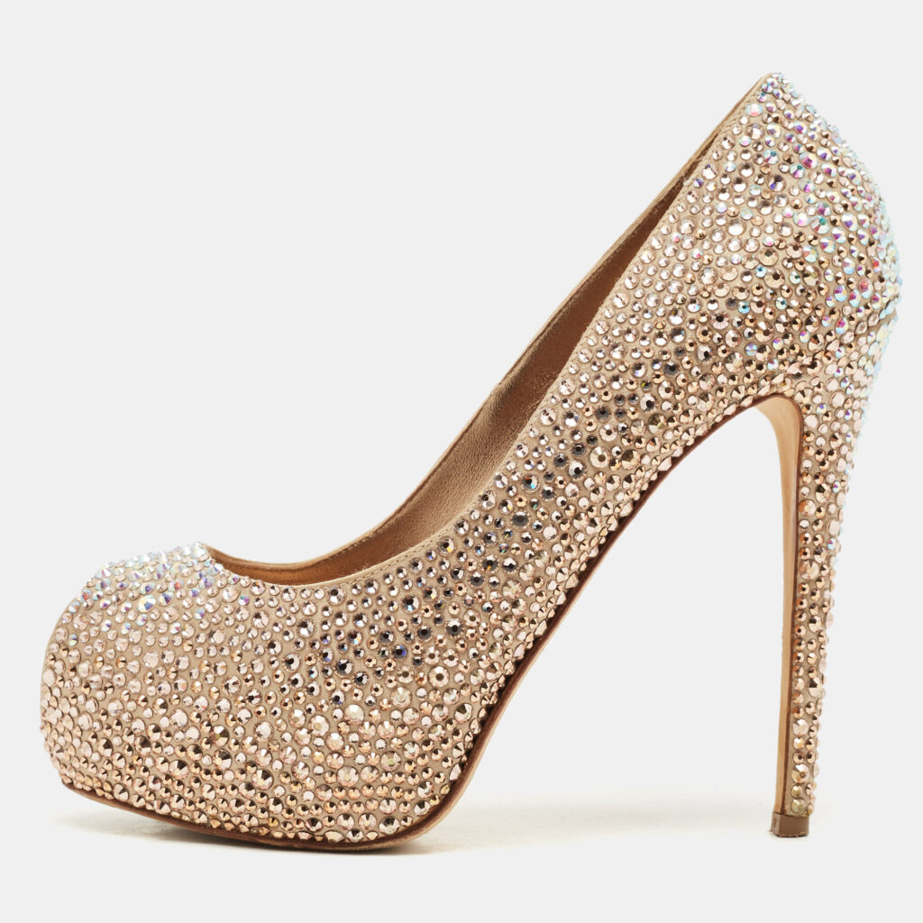 Le Silla Metallic Beige Satin Crystal Embellished Peep Toe Platform Pumps Size 37 Le Silla Metallic Beige Satin Crystal Embellished Peep Toe Platform Pumps Size 37