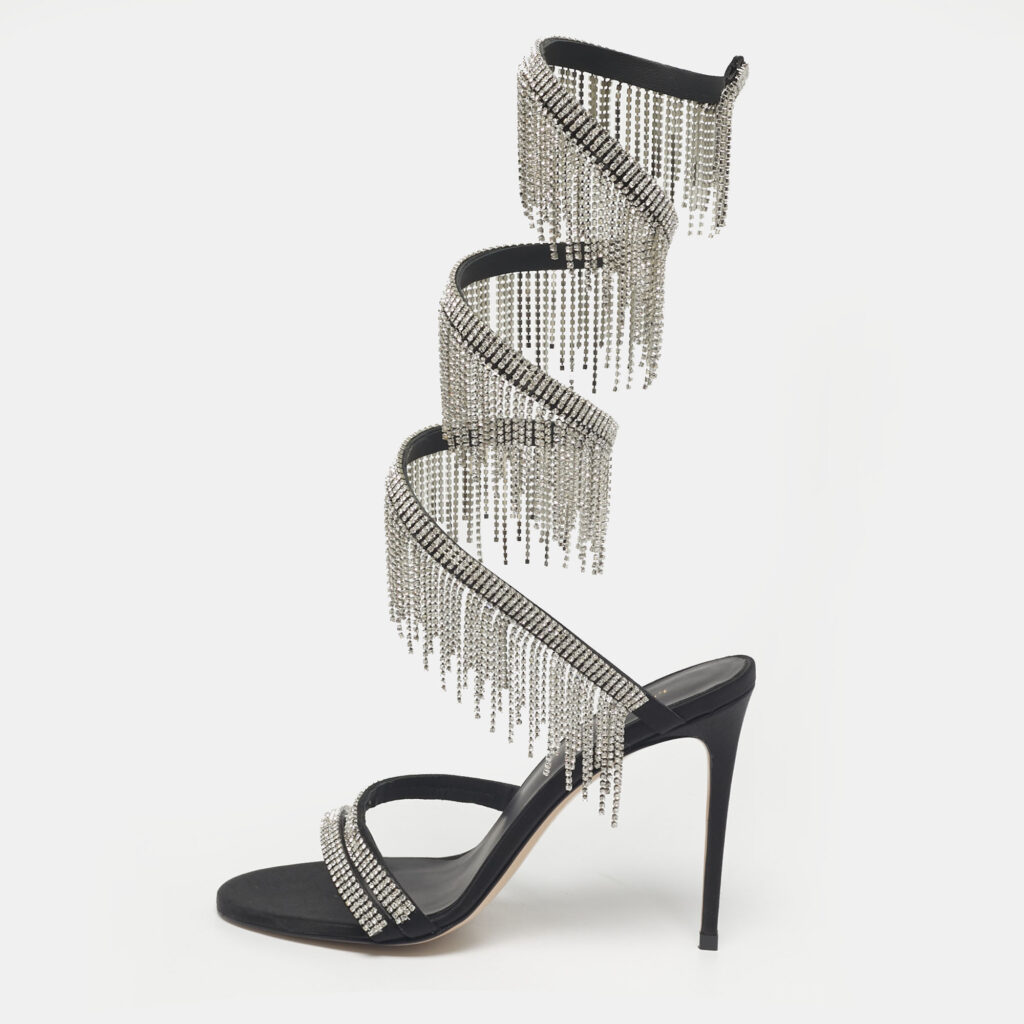 Le Silla Black Satin Crystal Embellished Jewels Ankle Wrap Sandals Size 39