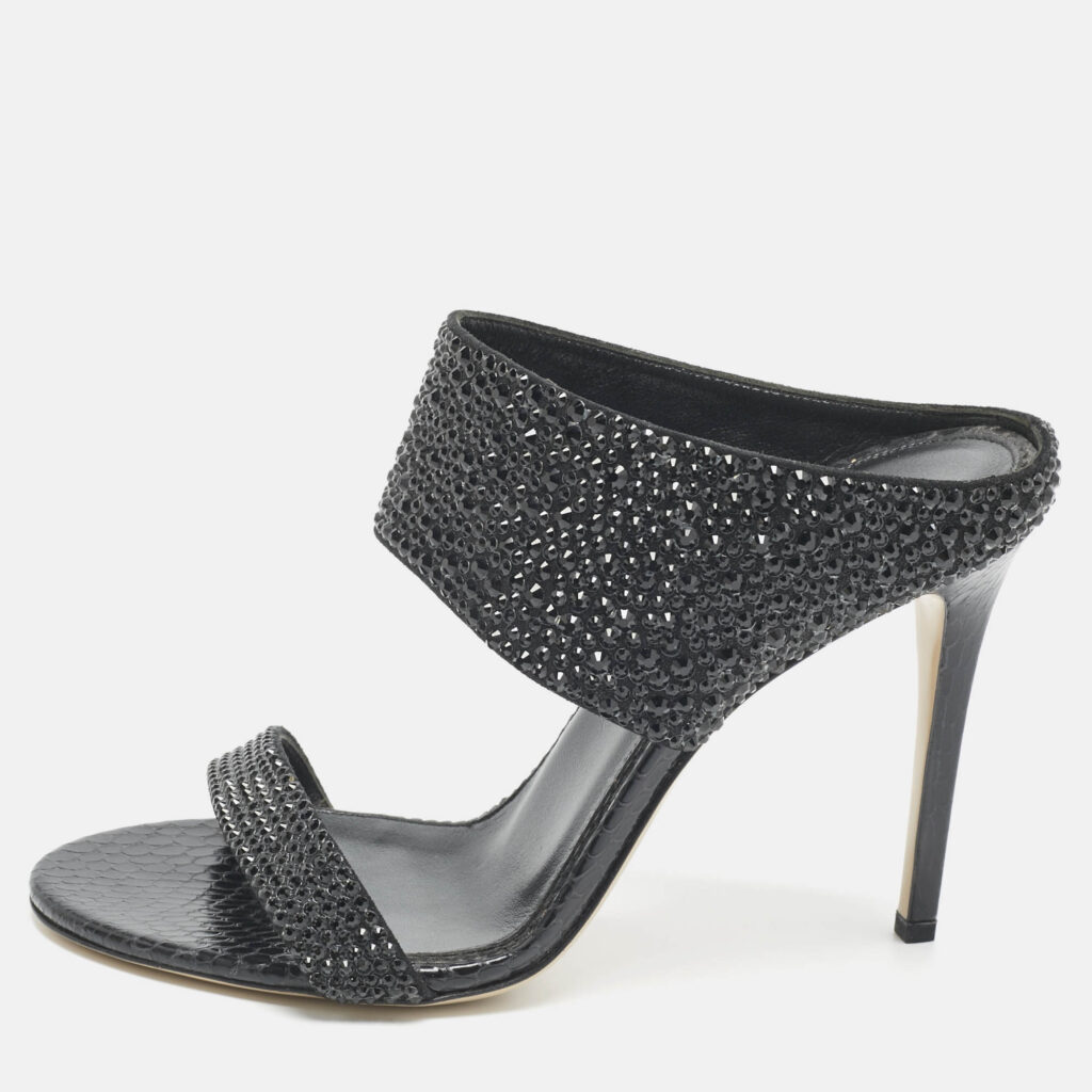 Le Silla Black Snakeskin Embossed Leather and Suede Crystal Embellished Slide Sandals Size 37.5 Le Silla Black Snakeskin Embossed Leather and Suede Crystal Embellished Slide Sandals Size 37.5